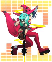 Rule 34 | 1girl, absurdres, arc system works, black bra, black gloves, blue hair, boots, bra, breasts, cleavage, coat, gloves, guilty gear, guilty gear strive, guilty gear xrd, guitar, hat, highres, i-no, instrument, red footwear, rocker-chic, short hair, shorts, solo, sunglasses, underwear, witch, witch hat