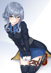 Rule 34 | 1girl, black necktie, blue eyes, blue jacket, blue shirt, blue skirt, blue thighhighs, blush, breasts, collared shirt, commentary request, gloves, gotland (kancolle), gotland andra (kancolle), grey hair, grey socks, hair between eyes, hair bun, half gloves, highres, holster, jacket, kantai collection, knife, long hair, long sleeves, looking at viewer, medium breasts, mole, mole under eye, monoku, necktie, parted lips, red footwear, shirt, shoes, sidelocks, single hair bun, skirt, socks, socks over thighhighs, solo, thigh holster, thigh strap, thighhighs, white gloves