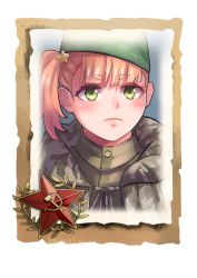 Rule 34 | 1girl, camouflage, camouflage jacket, closed mouth, company of heroes, green eyes, green hat, hair between eyes, hat, jacket, medium hair, military, military hat, military jacket, military uniform, orange hair, original, side ponytail, solo, soviet, soviet army, star (symbol), thick eyebrows, uniform, world war ii, zhainan s-jun