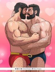 Rule 34 | 2boys, artist name, bara, batman, batman (series), beard, belly, biceps, black hair, bulge, bulge press, bulges touching, couple, dc comics, facial hair, fat, fat man, feet out of frame, foreplay, from side, full beard, hairy, heart, highres, hug, large pectorals, looking at viewer, male focus, male swimwear, manly, mature male, maxxfergus, multiple boys, muscular, muscular male, nipple stimulation, nipple tweak, nipples, pectorals, profile, red background, short hair, simple background, standing, superman, superman (series), swim briefs, thick arms, thick beard, thick eyebrows, thick thighs, thighs, twitter username, valentine, very hairy, yaoi