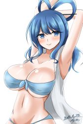 Rule 34 | 1girl, absurdres, alternate costume, armpits, arms up, bandeau, bare shoulders, bikini, blouse, blue bikini, blue eyes, blue hair, blush, breasts, cleavage, clothing request, collarbone, commentary request, covered erect nipples, cowboy shot, dated, from side, front-tie bikini top, front-tie top, hair between eyes, hair ornament, hair rings, hair stick, half updo, highres, hisin, kaku seiga, large breasts, long hair, looking at viewer, lowleg, lowleg bikini, midriff, navel, open clothes, open shirt, shirt, signature, simple background, sleeveless, smile, solo, standing, strapless, strapless bikini, swimsuit, touhou, underboob, white background, white shirt