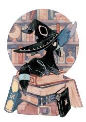 Rule 34 | alternate color, animal focus, black hat, book, bookshelf, creatures (company), game freak, gen 2 pokemon, hat, highres, looking up, lying, nintendo, no humans, oharu-chan, pokemon, pokemon (creature), shelf, shiny pokemon, solo, umbreon, witch hat