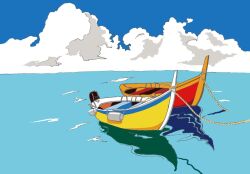 Rule 34 | artworksmil, blue sky, boat, cloud, cloudy sky, no humans, ocean, original, outdoors, painting (medium), scenery, sky, traditional media, watercolor (medium), watercraft
