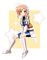 Rule 34 | 1girl, armor, bike shorts, blue shirt, blush, border, closed mouth, commentary request, faulds, frown, gauntlets, gloves, greaves, green eyes, hair ornament, highres, invisible chair, jacket, looking at viewer, lyrical nanoha, magical girl, mahou shoujo lyrical nanoha vivid, miura rinaldi, open clothes, open jacket, orange jacket, oshimaru026, outline, outside border, pink hair, shirt, short hair, short sleeves, sitting, solo, star (symbol), star saber (nanoha), v-shaped eyebrows, white border, white footwear, white gloves, white outline