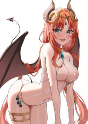Rule 34 | 1girl, absurdres, all fours, bare shoulders, bikini, breasts, demon girl, demon horns, demon tail, demon wings, espresso 1004, genshin impact, gold trim, highres, horns, jewelry, long hair, looking at viewer, medium breasts, navel, nilou (genshin impact), open mouth, red hair, simple background, smile, solo, stomach, swimsuit, tail, thighlet, thighs, twintails, white background, white bikini, wings