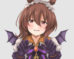 Rule 34 | 1girl, agnes tachyon (umamusume), animal ears, bat wings, black gloves, black wings, blush, bow, brooch, brown eyes, brown hair, collared shirt, commentary request, commission, cosplay, dress shirt, fangs, gloves, grey background, hair between eyes, hands up, horse ears, jewelry, looking at viewer, oshiruko (uminekotei), parted lips, puffy short sleeves, puffy sleeves, rice shower (make up vampire!) (umamusume), rice shower (umamusume), rice shower (umamusume) (cosplay), shirt, short sleeves, simple background, skeb commission, solo, striped, striped bow, umamusume, upper body, white shirt, wings