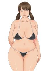 Rule 34 | 1girl, bikini, breasts, brown eyes, brown hair, curvy, large breasts, looking at viewer, matoyama, navel, smile, solo, standing, swimsuit, twintails, wide hips