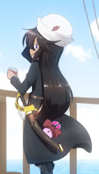 Rule 34 | 1girl, alternate hairstyle, arm up, artist self-insert, black coat, black footwear, black hair, blue eyes, blue sky, boots, bow, closed mouth, cloud, cloudy sky, coat, commentary, cup, cutlass, dark-skinned female, dark skin, day, drinking glass, from behind, girls und panzer, hat feather, highres, holding, holding cup, jinguu (4839ms), long hair, long sleeves, looking at viewer, looking back, ocean, ogin (girls und panzer), ponytail, rabbit, railing, red bow, scabbard, sheath, shot glass, sky, smile, solo, standing