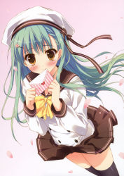 Rule 34 | 1girl, absurdres, black thighhighs, blush, character request, cherry blossoms, envelope, foreshortening, green hair, hat, highres, letter, long hair, long sleeves, love letter, ryouka (suzuya), school uniform, skindentation, skirt, thighhighs, yellow eyes