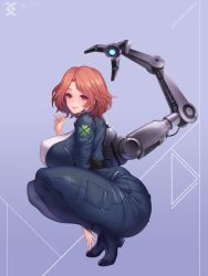 Rule 34 | 1girl, blush, bodysuit, breasts, clover, fortune (last origin), highres, huge breasts, last origin, looking at viewer, looking to the side, md5 mismatch, parted bangs, red eyes, red hair, short hair, smile, solo, squatting, toriseru (rare stone)