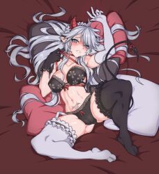 Rule 34 | 1girl, 2023, bra, breasts, dated, demon girl, demon horns, demon tail, elbow gloves, gloves, gluteal fold, grey eyes, grey hair, highres, horns, large breasts, leone145wb, long hair, looking at viewer, lying, maid headdress, navel, on back, panties, pillow, pointy ears, pubic tattoo, ribbon, solo, spread legs, sweat, tail, tattoo, teeth, thighhighs, underwear, vei (vtuber), vei (vtuber) (4th costume), virtual youtuber, vshojo, watermark