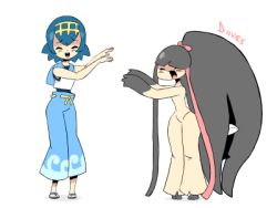 Rule 34 | 2girls, animated, animated gif, arms up, artist name, black hair, blue footwear, blue hair, blue one-piece swimsuit, blue pants, blush, bow, capri pants, creatures (company), dancing, diives, extra mouth, female focus, full body, furry, furry female, game freak, gen 3 pokemon, hair ornament, happy, headband, lana (pokemon), lowres, mawile, multiple girls, nintendo, one-piece swimsuit, open mouth, pants, pink bow, pokemon, pokemon (creature), pokemon rse, pokemon sm, sandals, shirt, short hair, signature, simple background, sleeveless, sleeveless shirt, smile, standing, swimsuit, swimsuit under clothes, teeth, text focus, white background, white shirt