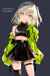 Rule 34 | 1girl, bad id, bad twitter id, bare shoulders, black shirt, black skirt, black thighhighs, blouse, blush, breasts, character name, contemporary, cowboy shot, crop top, earrings, finger to mouth, green eyes, green jacket, hair between eyes, hair ornament, head tilt, heart, heart hair ornament, highres, jacket, jewelry, komeiji koishi, long sleeves, looking at viewer, midriff, open clothes, open jacket, pleated skirt, satoupote, shirt, short hair, side ponytail, silver hair, skirt, small breasts, solo, thigh strap, thighhighs, thighs, touhou, zipper