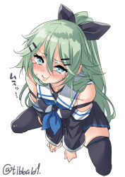 Rule 34 | 1girl, black bow, black skirt, black thighhighs, blue eyes, blue neckerchief, blush, bow, closed mouth, commentary request, cowboy shot, cropped legs, detached sleeves, ebifurya, green hair, hair between eyes, hair bow, hair ornament, hairclip, highres, kantai collection, long hair, long sleeves, neckerchief, school uniform, serafuku, simple background, skirt, solo, speech bubble, sweat, tears, thighhighs, tongue, tongue out, translation request, twitter username, white background, yamakaze (kancolle), zettai ryouiki