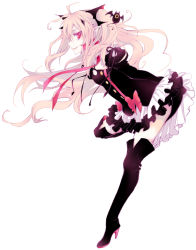 Rule 34 | 1girl, black dress, black footwear, black ribbon, boots, bow, dress, floating hair, from side, full body, hair between eyes, hair ornament, high heel boots, high heels, highres, krul tepes, leaning forward, leg up, long hair, looking at viewer, owari no seraph, pink hair, red bow, red eyes, red ribbon, ribbon, short dress, simple background, smile, solo, standing, thigh boots, thighhighs, very long hair, white background