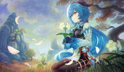 Rule 34 | 1girl, ahoge, bare shoulders, bell, black legwear, blue gloves, blue hair, bow, breasts, chinese knot, detached sleeves, dusk, evening, flower, flower knot, ganyu (genshin impact), genshin impact, gloves, gold trim, highres, holding, holding flower, horns, light smile, long hair, looking to the side, low ponytail, medium breasts, mountain, neck bell, outdoors, petals, purple eyes, qingxin flower, ramp off (m384ath871), red rope, rope, sidelocks, sitting, solo, tassel, thighlet, thighs, tree, vision (genshin impact), white flower, white sleeves, yokozuwari