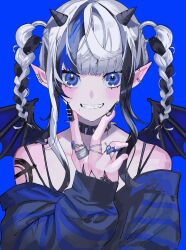 Rule 34 | 1girl, absurdres, bare shoulders, bat wings, black collar, black hair, black horns, black nails, black wings, blue background, blue eyes, blue hair, braid, collar, commentary, demon girl, demon horns, demon wings, ear piercing, fingernails, grin, hand up, highres, horns, jewelry, long hair, long sleeves, looking at viewer, multicolored hair, multiple rings, nail polish, off shoulder, original, piercing, pointy ears, ring, sharp fingernails, shiun (siun 5513), shoulder tattoo, simple background, sleeves past wrists, smile, solo, spaghetti strap, spiked collar, spikes, straight-on, streaked hair, symbol-only commentary, tattoo, twin braids, upper body, white hair, wings