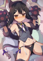 Rule 34 | 1girl, absurdres, animal ears, animal hands, bell, black hair, black panties, blush, breasts, brown eyes, closed mouth, commentary request, dangeroes beast (miyu), fake animal ears, fate/kaleid liner prisma illya, fate (series), garter straps, gloves, gluteal fold, grey thighhighs, hair ornament, hairband, hairclip, highres, jingle bell, looking at viewer, lying, midriff, miyu edelfelt, navel, on back, panties, paw gloves, shiny skin, short hair, small breasts, smile, solo, spread legs, thighhighs, tomo (ryo i so ), twintails, underwear