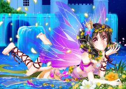 Rule 34 | 10s, 1girl, ankle lace-up, bare shoulders, barefoot, black hair, butterfly hair ornament, butterfly wings, chorin (yl), cross-laced footwear, crown, flower, grass, hair flower, hair ornament, insect wings, love live!, love live! school idol festival, love live! school idol project, lying, mini crown, on stomach, petals, red eyes, skirt, solo, twintails, water, wings, yazawa nico