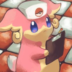 Rule 34 | :&lt;, audino, blue eyes, clipboard, closed mouth, clothed pokemon, commentary request, creatures (company), fouinar, game freak, gen 5 pokemon, hat, holding, lowres, nintendo, no humans, nurse cap, pencil, pokemon, pokemon (creature), solo, standing, white hat