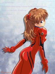 Rule 34 | 1girl, 2003, ass, blue eyes, bodysuit, bracer, breasts, brown hair, cowboy shot, dated, dutch angle, from side, german text, gloves, headgear, long hair, looking at viewer, looking back, neon genesis evangelion, outstretched arm, pilot suit, plugsuit, profile, ranguage, red hair, shadow, signature, small breasts, solo, souryuu asuka langley, turtleneck
