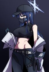 Rule 34 | 1girl, absurdres, bare shoulders, baseball cap, belt, black belt, black gloves, black hair, black hat, black mask, black pants, black shirt, blue archive, blue eyes, blue halo, blunt bangs, breasts, buckle, chest harness, coat, commentary request, covered mouth, cowboy shot, crop top, gloves, groin, halo, hand up, harness, hat, highres, knife sheath, korean commentary, large breasts, long hair, looking at viewer, mask, midriff, mouth mask, navel, off shoulder, open clothes, open coat, pants, profile, s.t.a.r (pixiv 4451676), saori (blue archive), sheath, shirt, sleeveless, sleeveless shirt, snap-fit buckle, solo, standing, white coat