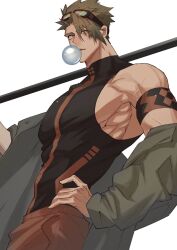 Rule 34 | 1boy, achilles (fate), black shirt, brown eyes, blowing bubbles, chewing gum, down jacket, fate/grand order, fate (series), from side, goggles, goggles on head, green hair, hand on own hip, haruakira, highres, jacket, large pectorals, looking at viewer, male focus, muscular, muscular male, orange pants, over shoulder, pants, pectorals, shirt, short hair, solo, undercut, veins, veiny arms, weapon, weapon over shoulder, white background