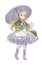 Rule 34 | 1girl, :d, blonde hair, blue eyes, braid, crown braid, dress, frilled dress, frills, full body, gloves, green vest, hat, highres, long hair, looking at viewer, luggage, monica golding, official art, open mouth, pantyhose, parasol, pink footwear, princess principal, princess principal game of mission, smile, solo, standing, transparent background, umbrella, vest, white dress, white gloves, white hat, white pantyhose, white umbrella