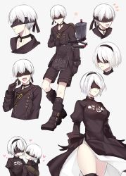 Rule 34 | bad id, bad twitter id, black dress, black hairband, blindfold, blush, boots, breasts, choker, couple, covered eyes, dress, feather-trimmed sleeves, flywinga7, gloves, hairband, heart, juliet sleeves, leotard, long sleeves, medium breasts, mole, mole under mouth, nier (series), nier:automata, open mouth, pod (nier:automata), puffy sleeves, robot, short hair, silver hair, smile, thigh boots, thighhighs, thighhighs under boots, white leotard, 2b (nier:automata), 9s (nier:automata)