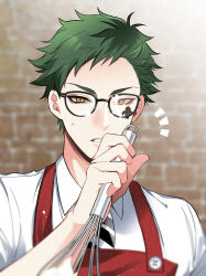 Rule 34 | 1boy, apron, brick wall, commentary request, food, food on face, glasses, green hair, highres, holding, holding whisk, icing, looking at viewer, male focus, notice lines, parted lips, red apron, shinozaki kyouko, shirt, short hair, solo, suggestive fluid, trey clover, twisted wonderland, upper body, whisk, white shirt, yellow eyes