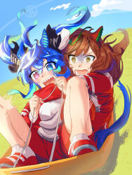 Rule 34 | 2girls, ahoge, animal ears, blue eyes, blue hair, blue sky, cloud, cloudy sky, commentary request, ear covers, gloom (expression), grass, hair between eyes, heterochromia, highres, holding, horse ears, horse girl, horse tail, horseshoe, hug, hug from behind, jacket, long hair, multicolored hair, multiple girls, nice nature (umamusume), omotil, open mouth, outdoors, pink eyes, red footwear, red hair, red shorts, screaming, shorts, sky, sled, sledding, smile, streaked hair, sweatdrop, tail, track jacket, twin turbo (umamusume), twintails, umamusume, yellow eyes
