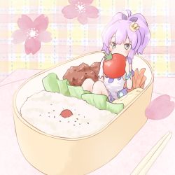 Rule 34 | 1girl, azur lane, bangle, bento, black ribbon, blue eyes, blue skirt, blush, bracelet, camisole, cherry tomato, chopsticks, commentary request, covered mouth, crown, flower, food, gloves, hair between eyes, hair ribbon, high ponytail, highres, holding, holding food, in container, in food, javelin (azur lane), jewelry, mini crown, mini person, minigirl, petals, pink flower, plaid, plaid background, plaid skirt, pleated skirt, ponytail, purple hair, ribbon, rice, sidelocks, single glove, sitting, skirt, solo, tomato, uruc, white camisole, white gloves