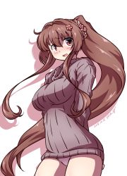 Rule 34 | 1girl, 547th sy, arms behind back, brown eyes, brown hair, cherry blossoms, commentary request, cowboy shot, flower, grey panties, grey sweater, hair flower, hair ornament, highres, kantai collection, long hair, looking at viewer, no pants, panties, pantyshot, ponytail, ribbed sweater, simple background, solo, sweater, underwear, white background, yamato (kancolle)