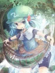 Rule 34 | 1girl, absurdres, bike shorts, blue eyes, blue hair, chii (tsumami tsumamare), cucumber, female focus, hair bobbles, hair ornament, hat, highres, jewelry, kawashiro nitori, key, matching hair/eyes, nature, necklace, net, short hair, solo, touhou, tree, twintails, two side up, water, waterfall