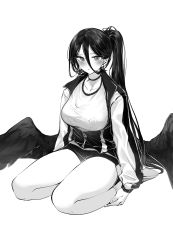 Rule 34 | 1girl, absurdres, black choker, black wings, blue archive, blush, breasts, choker, closed mouth, collarbone, commentary request, feathered wings, greyscale, gym uniform, hair between eyes, halo, hands on own legs, hasumi (blue archive), hasumi (track) (blue archive), highres, jacket, kapo, korean commentary, large breasts, large wings, long bangs, long hair, long sleeves, looking at viewer, monochrome, official alternate costume, partially unzipped, ponytail, seiza, shirt, shoes, shorts, simple background, sitting, socks, solo, thighs, track jacket, very long hair, white background, white shirt, wings