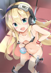Rule 34 | 1girl, :3, :d, albacore (azur lane), azur lane, bad id, bad pixiv id, bikini, bikini bottom only, bikini pull, black bikini, blonde hair, blush, breasts, clothes pull, collarbone, commentary request, day, fang, from above, gluteal fold, green eyes, gun, hair between eyes, hand on own hip, headphones, headset, indoors, leaning to the side, light, long hair, looking at viewer, loose bikini, maruchan., navel, nipples, open mouth, pulling own clothes, small breasts, smile, solo, standing, star (symbol), star in eye, striped bikini, striped bikini bottom, striped clothes, sunlight, swimsuit, symbol in eye, very long hair, weapon, wristband