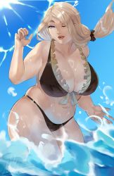 Rule 34 | 1girl, absurdres, alternate costume, bikini, black bikini, blonde hair, blue eyes, breasts, cleavage, fire emblem, fire emblem: three houses, highres, huge breasts, lips, long hair, looking at viewer, mercedes von martritz, michael lavacca, navel, nintendo, one eye closed, plump, ponytail, solo, swimsuit, thick thighs, thighs, water