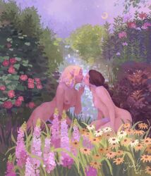 Rule 34 | 2girls, blonde hair, breasts, brown hair, bush, closed eyes, completely nude, crescent moon, flower, full body, garden, grass, hand on another&#039;s chin, highres, imminent kiss, judily art, moon, multiple girls, night, nude, original, outdoors, seiza, signature, sitting, sky, star (sky), starry sky, yuri