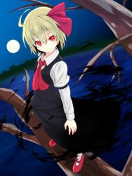 Rule 34 | 1girl, ahoge, arm garter, ascot, blonde hair, bow, branch, darkness, dress shirt, dutch angle, eyelashes, female focus, full moon, hair bow, highres, long sleeves, looking at viewer, moon, night, night sky, red eyes, reflection, rumia, s-ghost, shirt, shoes, short hair, skirt, skirt set, sky, smile, solo, touhou, tree, vest, water, white shirt