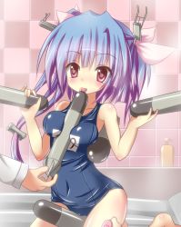 Rule 34 | 10s, 1boy, 1girl, admiral (kancolle), antennae, bare shoulders, bathroom, between legs, blue hair, character name, collarbone, dual wielding, feeding, headgear, highres, holding, i-19 (kancolle), i3, kantai collection, long sleeves, looking at viewer, name tag, one-piece swimsuit, red eyes, school swimsuit, sex toy, sexually suggestive, shiny clothes, skindentation, solo focus, standing, swimsuit, torpedo, vibrator