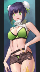 Rule 34 | 1girl, bare shoulders, belt, bikini, black hair, black shorts, breasts, bright pupils, bun cover, cleavage, commentary, double bun, fate/grand order, fate (series), green bikini, green eyes, green ribbon, hair bun, hair ribbon, highres, large breasts, looking at viewer, navel, open mouth, qin liangyu (chainsaw of the dead) (fate), qin liangyu (fate), ribbon, shinsaku (stan-art), short shorts, shorts, sidelocks, skindentation, solo, swimsuit, tearing up, thighs, white pupils