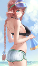 Rule 34 | 1girl, absurdres, aqua eyes, ass, back, bare shoulders, beach, bikini, black bikini, blue hat, blue sky, blush, braid, braided ponytail, breasts, closed mouth, day, dolphin shorts, elf, hat, highres, large breasts, long hair, looking at viewer, looking back, misato (princess connect!), misato (summer) (princess connect!), monegi, ocean, pointy ears, princess connect!, red hair, shorts, sky, smile, solo, striped clothes, striped shorts, swimsuit, thighs, vertical-striped clothes, vertical-striped shorts, visor cap, white shorts