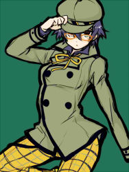 Rule 34 | 1girl, atlus, bad id, bad pixiv id, blue hair, breasts, brown eyes, cabbie hat, detective, expressionless, glasses, hair between eyes, hand on headwear, hat, hip focus, jacket, looking at viewer, majoccoid, persona, persona 4, shirogane naoto, short hair, small breasts, solo, wavy hair