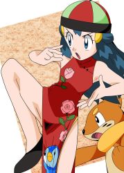 Rule 34 | 1girl, bare legs, blue eyes, blue hair, breasts, buizel, chinese clothes, creatures (company), curvy, dawn (pokemon), dress, female focus, game freak, gen 4 pokemon, hainchu, hat, legs up, looking away, nintendo, piplup, pokemon, pokemon (anime), pokemon (creature), pokemon dppt (anime), small breasts