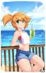 Rule 34 | 1girl, artist name, bare shoulders, beach, bikini, bikini under clothes, blue background, blue shorts, blue sky, blush, border, breasts, closed mouth, cloud, collarbone, creatures (company), crop top, cup, dated, day, disposable cup, drink, drinking straw, female focus, game freak, green eyes, hair between eyes, hair tie, hand up, happy, highres, holding, holding cup, holding drink, horizon, looking at viewer, midriff, misty (pokemon), navel, nintendo, ocean, orange hair, outdoors, pokemon, pokemon lgpe, railing, red bikini, sand, shirt, short hair, short shorts, shorts, side ponytail, sidelocks, signature, sky, sleeveless, sleeveless shirt, slushie, small breasts, smile, solo, split mouth, standing, stomach, swimsuit, swimsuit under clothes, teranen, water, watermark, white border, white shirt