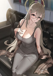 Rule 34 | 1girl, absurdres, akane (blue archive), beanowl, blue archive, breasts, brown eyes, brown scarf, couch, dongtan dress, dress, glasses, grey dress, halo, hand on own chest, highres, large breasts, long dress, long hair, meme attire, open mouth, plaid, plaid scarf, scarf, seductive smile, shelf, smile, solo, tagme, tight clothes, tight dress, very long hair
