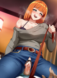 Rule 34 | 1boy, 1girl, alternate breast size, belt, black bra, black eyes, blush, bra, breasts, bright pupils, brown belt, clothed sex, cowgirl position, denim, girl on top, grey sweater, hetero, highres, indoors, jeans, large breasts, licking lips, long sleeves, magukappu, mcdonald&#039;s, mcdonald&#039;s dad, mother (yoru mac), mother (yoru mac), necktie, necktie grab, neckwear grab, orange hair, pants, penis, pov, pussy, sex, short hair, smile, straddling, sweater, teeth, tongue, tongue out, uncensored, underwear, upper teeth only, vaginal, white pupils, yoru mac