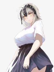 Rule 34 | 1girl, bad id, bad pixiv id, black skirt, blush, breasts, closed mouth, commentary request, fate/grand order, fate (series), glint, grey background, hair between eyes, headpiece, highres, huyou (awegk), jeanne d&#039;arc (fate), jeanne d&#039;arc alter (avenger) (fate), jeanne d&#039;arc alter (fate), large breasts, long hair, looking at viewer, looking down, revision, shirt, short sleeves, signature, silver hair, simple background, skirt, solo, sweat, white shirt, yellow eyes