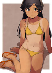 Rule 34 | 1girl, alternate costume, bad feet, banned artist, bikini, black eyes, black hair, breasts, commentary, artistic error, headgear, i-400 (kancolle), kantai collection, long hair, looking at viewer, makio (makiomeigenbot), orange footwear, sandals, shadow, signature, simple background, sitting, small breasts, smile, solo, swimsuit, symbol-only commentary, tan, tanline, yellow bikini