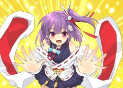 Rule 34 | 1girl, bare shoulders, braid, commentary request, flower, hair flower, hair ornament, ito noizi, japanese clothes, miniskirt, open mouth, outstretched hand, pleated skirt, purple hair, reaching, reaching towards viewer, red eyes, short hair, side braid, side ponytail, skirt, solo, tenjin kotone, virtual youtuber
